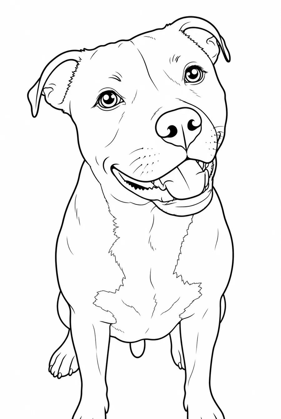 A staffordshire bull terrier drawn in the bold style: heavy, even outlines, a plain white background with the room removed, and large empty areas across the body with no fur texture at all.