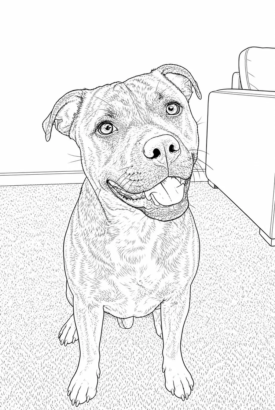 The same dog drawn in the faithful style: fine pen lines covering the whole coat in dense fur texture, with the carpet pile, skirting board and sofa of the room all drawn in behind him.