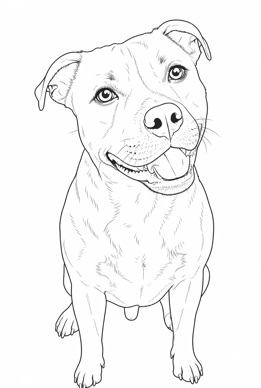 The same dog drawn in the gentle style: medium-weight outlines with light, sparse fur strokes across the chest, muzzle and brow, still on a plain white background with the room removed.