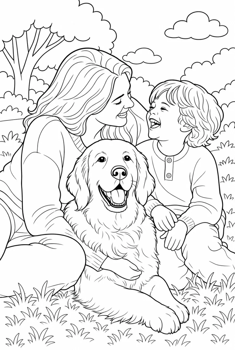 A woman, a small child and a golden retriever on the grass, drawn in the bold style: clean heavy outlines, smooth open coats, and the tree, clouds and grass behind them reduced to simple shapes.