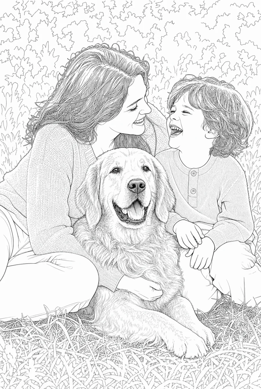 The same family and dog drawn in the faithful style: dense fur across the retriever coat, every strand of hair, and the grass and foliage behind them drawn blade by blade.