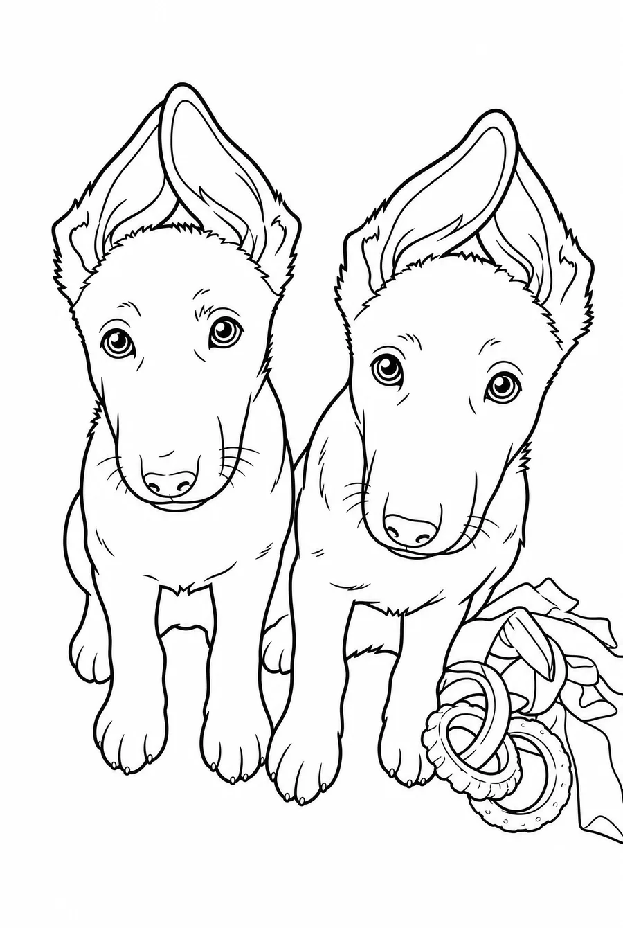 Two puppies drawn in the bold style: clean heavy outlines, plain white behind them, smooth open coats, and only the chew toy kept from the room they were sitting in.