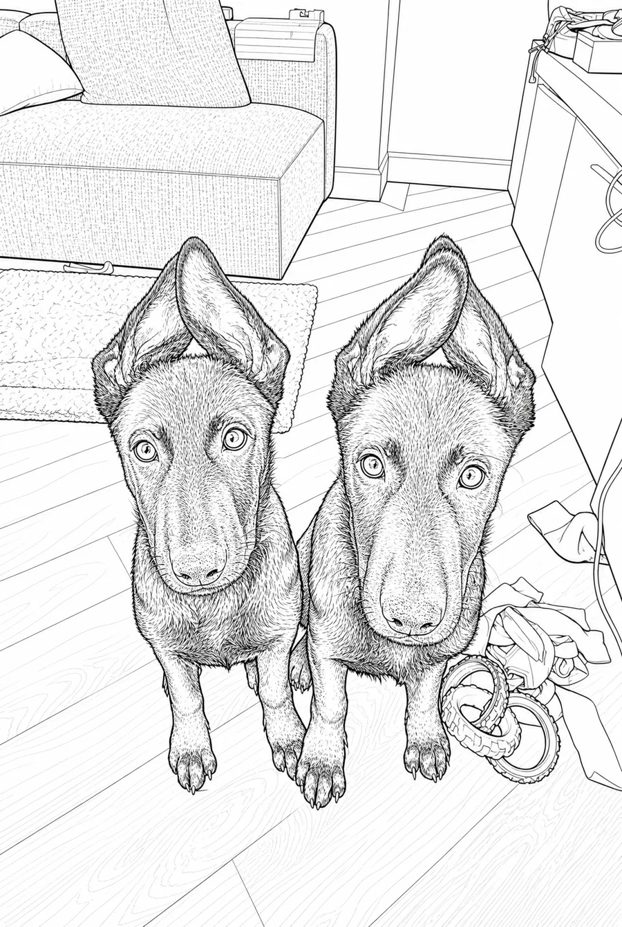 The same two puppies drawn in the faithful style: dense fur texture across both coats and both ears, with the sofa, rug, wooden floorboards, toys and trailing cable of the room all drawn in behind them.